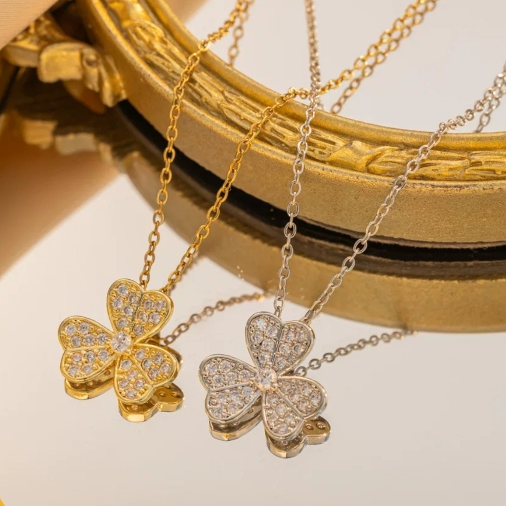 Titanium Silver Lucky Pavé 3-Leaf Clover Necklace Floral Jewelry - Picture 6 of 6